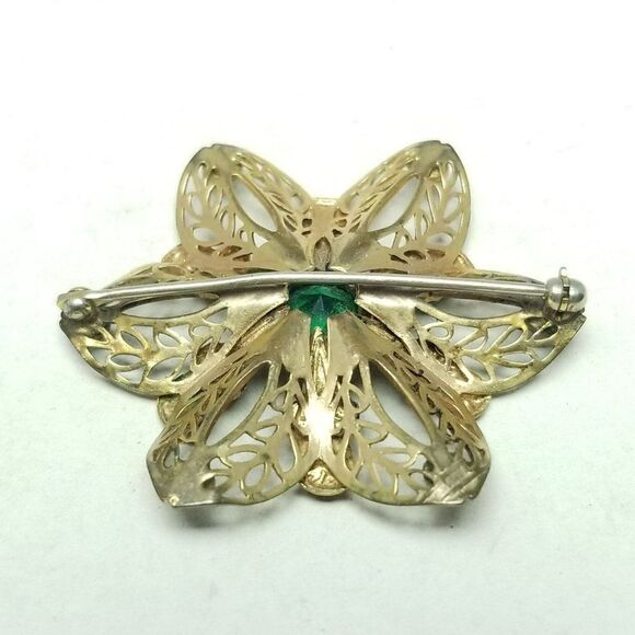 Vintage Green Rhinestone Filigree Flower Brooch, Gold Tone Setting, Estate - Picture 3 of 5